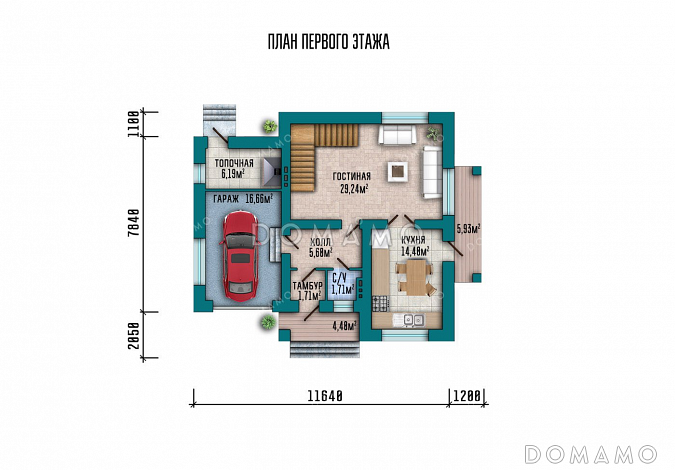 Проект одноэтажного дома с мансардой и гаражом в современном стиле / План 1 этажа Проект одноэтажного дома с мансардой и гаражом в современном стиле / План 1 этажа