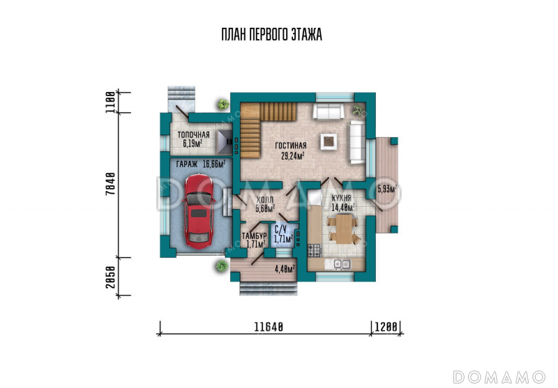 Проект одноэтажного дома с мансардой и гаражом в современном стиле / План 1 этажа