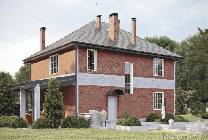 Проект дома из газобетона с эркером и навесом для автомобиля Проект дома из газобетона с эркером и навесом для автомобиля