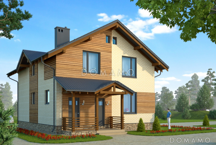 Проект двухэтажного коттеджа с кирпичной отделкой и эркером в гостиной Проект двухэтажного коттеджа с кирпичной отделкой и эркером в гостиной