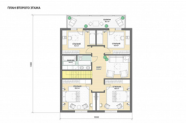 Проект двухэтажного кирпичного дома с террасой, балконом, сауной и 5 спальнями / План 2 этажа
