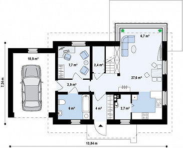 Проект одноэтажного мансардного дома из кирпича с открытой террасой над гаражом / План 1 этажа Проект одноэтажного мансардного дома из кирпича с открытой террасой над гаражом / План 1 этажа