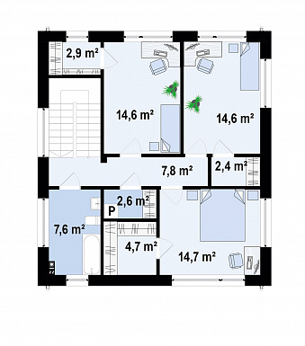Проект дома с подземным гаражом на два автомобиля, кабинетом, светлой дневной зоной, спальнями на втором этаже / План 2 этажа