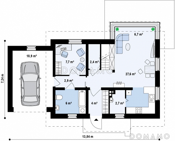 Проект одноэтажного мансардного дома из кирпича с открытой террасой над гаражом / План 1 этажа Проект одноэтажного мансардного дома из кирпича с открытой террасой над гаражом / План 1 этажа