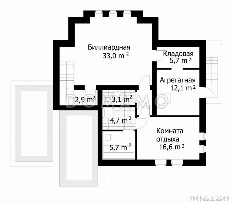 Проект дома из кирпича со сложной формой кровли / План цокольного этажа
