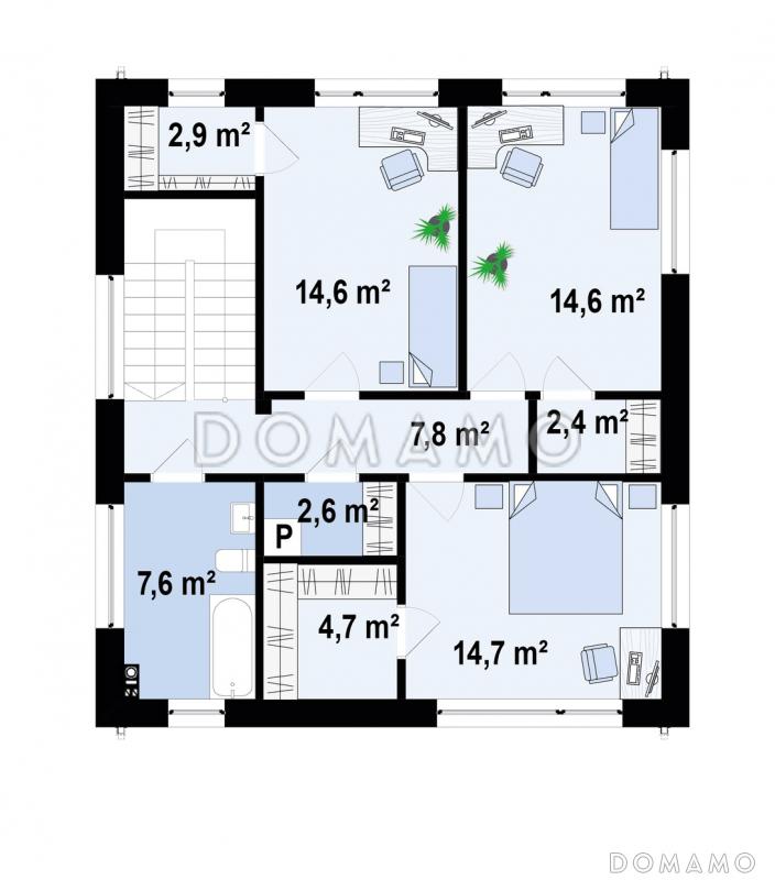 Проект дома с подземным гаражом на два автомобиля, кабинетом, светлой дневной зоной, спальнями на втором этаже / План 2 этажа