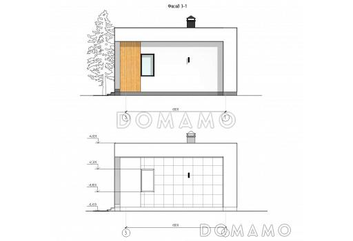 Проект современной бани с жилой комнатой и хозблоком / Фасад 2