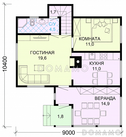 Проект вместительного загородного дома с уютной верандой и отличной планировкой / План 1 этажа Проект вместительного загородного дома с уютной верандой и отличной планировкой / План 1 этажа