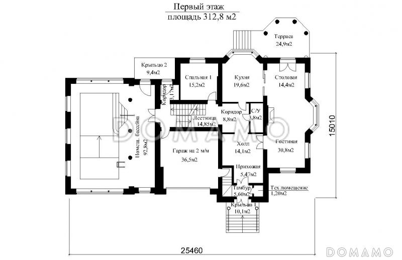 Проект двухэтажного особняка в классическом стиле, с бассейном, зимним садом и просторной террасой второго этажа  / План 1 этажа