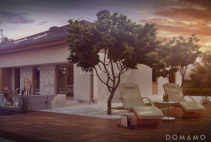 Проект большого одноэтажного дома из кирпича с тремя спальнями, кабинетом и гаражом на два автомобиля