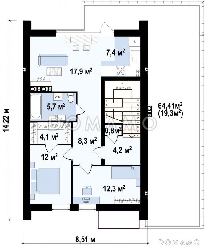 Проект современного двухэтажного дома из кирпича для двух семей, с гаражом и террасой над ним / План 2 этажа