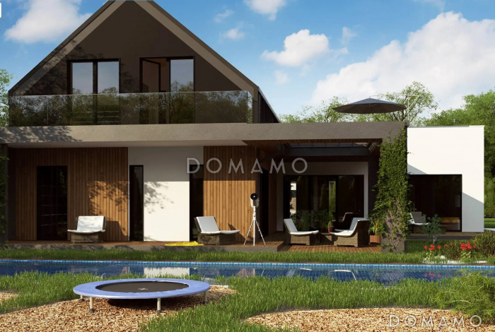 Проект дома с большой террасой на мансардном этаже и гаражом