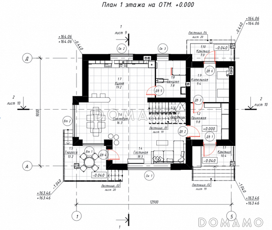 Проект дома с 4 спальнями, свободной планировкой кухни-гостиной-столовой и балконами на мансарде / План 1 этажа Проект дома с 4 спальнями, свободной планировкой кухни-гостиной-столовой и балконами на мансарде / План 1 этажа