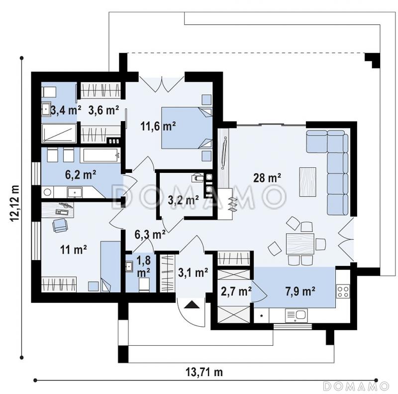 Проект современного одноэтажного дома из кирпича с плоской крышей с двумя спальнями и крытой угловой террасой  / План 1 этажа