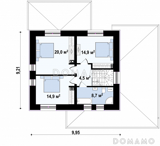Проект дома с облицовкой первого этажа кирпичом, гаражом на одну машину, гостиной с выходом на террасу / План 2 этажа