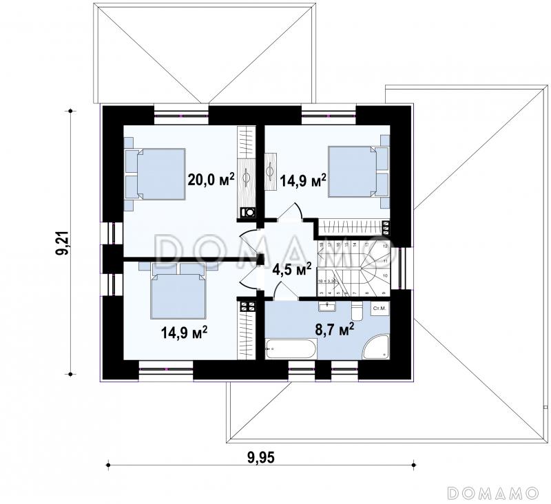 Проект дома с облицовкой первого этажа кирпичом, гаражом на одну машину, гостиной с выходом на террасу / План 2 этажа
