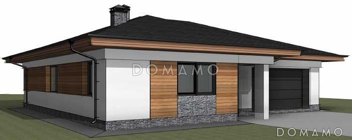 Проект одноэтажного дома с вальмовой крышей, гаражом на 2 машины, хозяйской и гостевыми спальными комнатами Проект одноэтажного дома с вальмовой крышей, гаражом на 2 машины, хозяйской и гостевыми спальными комнатами