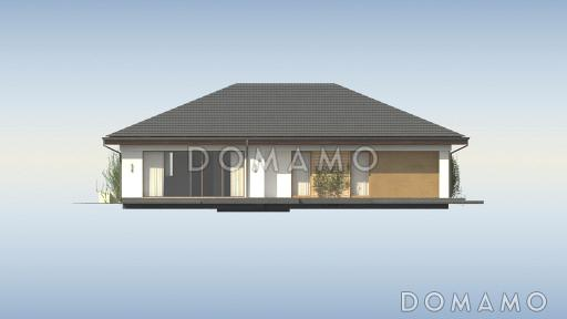 Проект просторного одноэтажного дома из кирпича с четырьмя спальнями и гаражом для одного автомобиля / Фасад 2