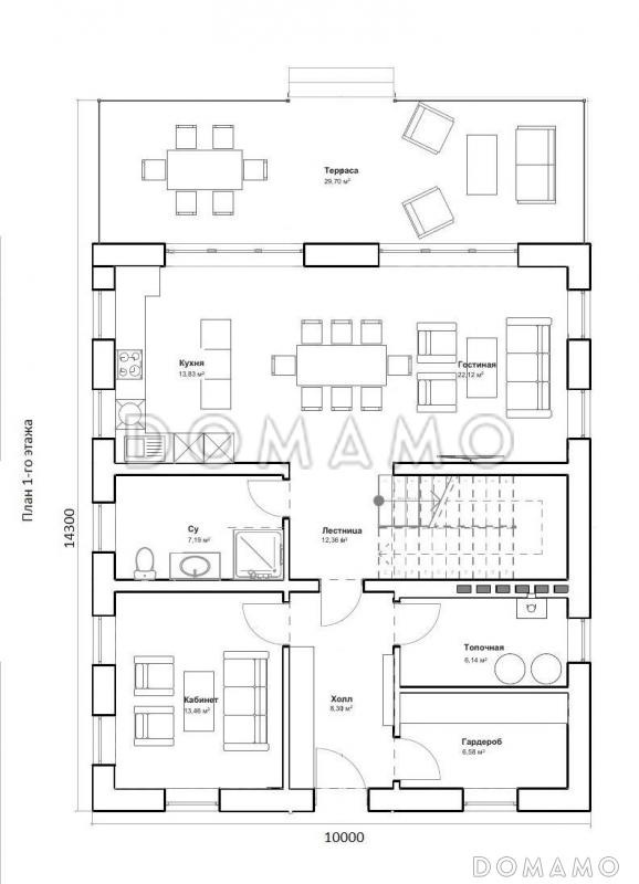 Проект дома с террасой, прямоугольной кухней-гостиной, хозяйской спальней на мансардном этаже с балконом / План 1 этажа
