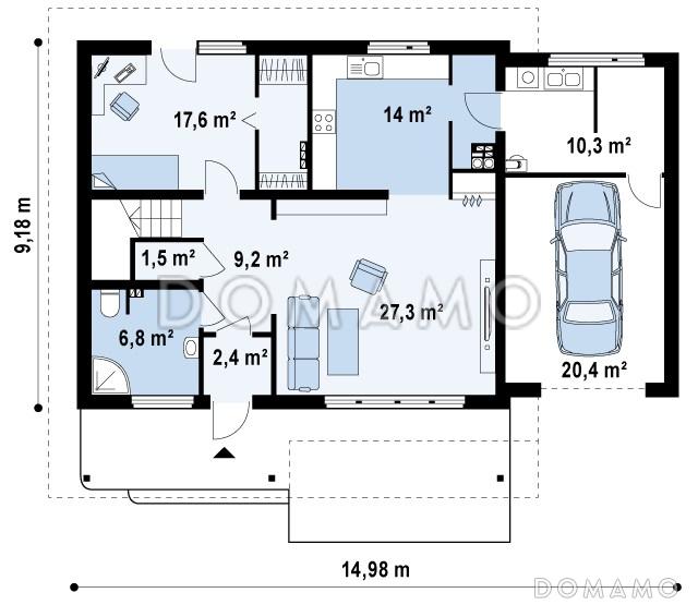 Проект одноэтажного мансардного дома из кирпича с террасой над гаражом / План 1 этажа