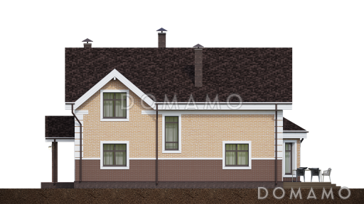 Проект загородного дома с террасой, гостиной с эркером, сауной, пятью спальнями на мансардном этаже / Фасад 1