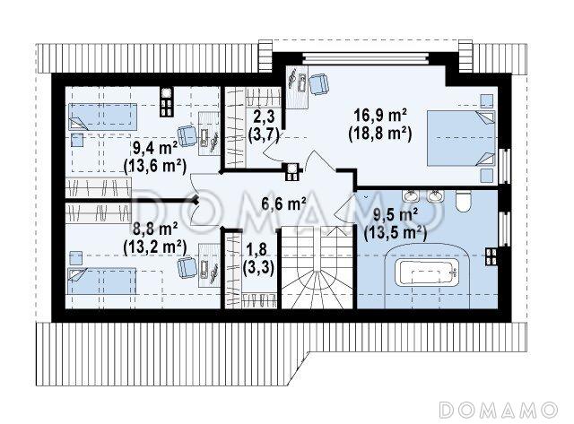 Проект одноэтажного мансардного дома из кирпича с гаражом и большим фронтонным окном / План мансардного этажа