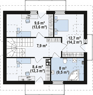 Проект одноэтажного мансардного дома из газобетона с эркером, тремя  балконами и вертикальным мансардным окном / План мансардного этажа Проект одноэтажного мансардного дома из газобетона с эркером, тремя  балконами и вертикальным мансардным окном / План мансардного этажа