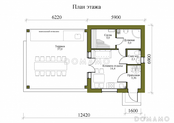 Проект одноэтажной бани в стиле хай-тек с мангальным комплексом / План 1 этажа Проект одноэтажной бани в стиле хай-тек с мангальным комплексом / План 1 этажа