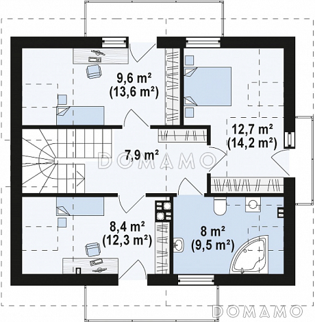 Проект одноэтажного мансардного дома из газобетона с эркером, тремя  балконами и вертикальным мансардным окном / План мансардного этажа Проект одноэтажного мансардного дома из газобетона с эркером, тремя  балконами и вертикальным мансардным окном / План мансардного этажа