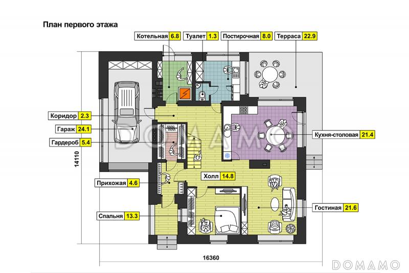 Проект кирпичного загородного дома в современном стиле с открытой террасой и гаражом  / План 1 этажа