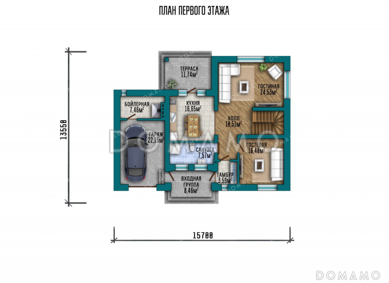 Проект двухэтажного дома с террасой и гаражом / План 1 этажа