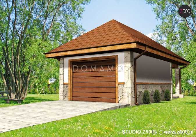 Проект одноместного гаража из газобетона с крытой террасой позади