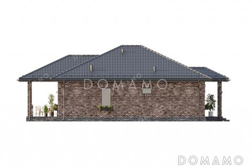 Проект простого одноэтажного дома с большой террасой, вальмовой кровлей, двумя санузлами и тремя спальнями / Фасад 3