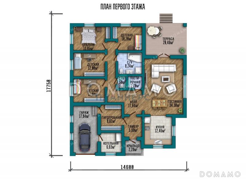 Проект одноэтажного дома со встроенным гаражом / План 1 этажа