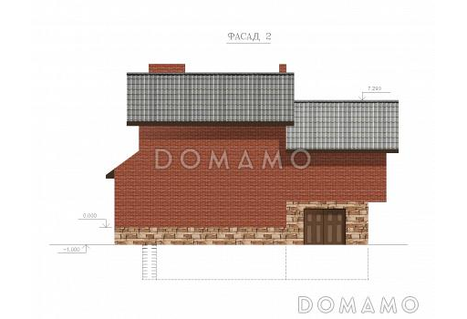 Проект двухэтажного дома с цокольным и мансардным этажами, с сауной и гаражом / Фасад 2