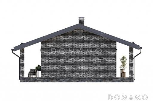 Проект компактной одноэтажной бани в классическом стиле с большой террасой, витражным остеклением и просторной комнатой отдыха / Фасад 2