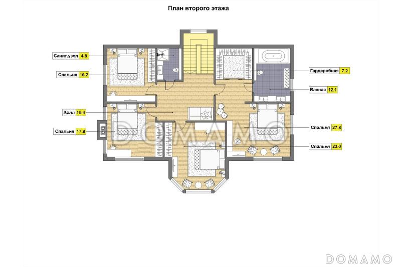 Проект каркасного дома в скандинавском стиле с террасой, эркером и большими окнами / План мансардного этажа