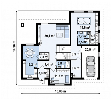 Проект комфортного одноэтажного дома из кирпича с подземным гаражом и бильярдной на цокольном этаже / План 1 этажа