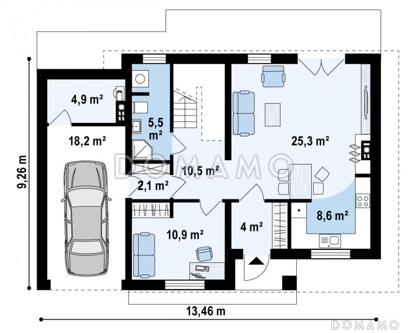 Проект обновлённого двухэтажного дома из кирпича с гаражом и большой террасой на втором этаже / План 1 этажа