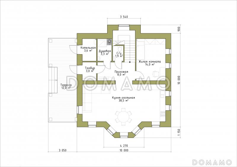 Проект классического коттеджа 10х10 с террасой из кирпича / План 1 этажа