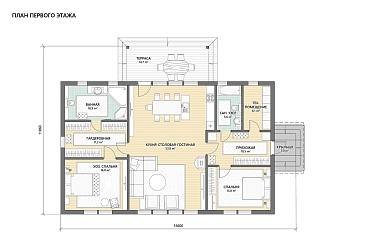 Проект каркасного дома в скандинавском стиле с панорамными окнами и светлой гостиной / План 1 этажа