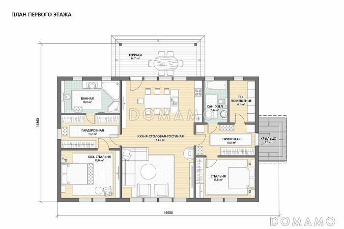 Проект каркасного дома в скандинавском стиле с панорамными окнами и светлой гостиной / План 1 этажа