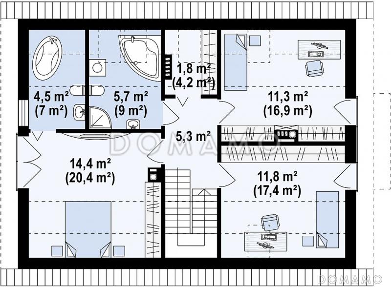 Проект одноэтажного мансардного дома из кирпича с просторной светлой гостиной / План мансардного этажа
