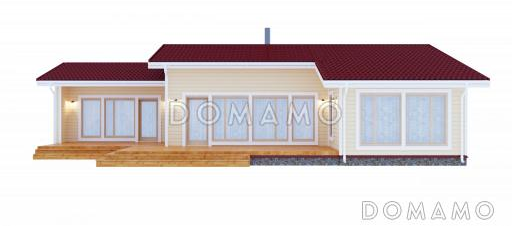 Проект уютного одноэтажного каркасного дома с большой открытой террасой / Фасад 1 Проект уютного одноэтажного каркасного дома с большой открытой террасой / Фасад 1