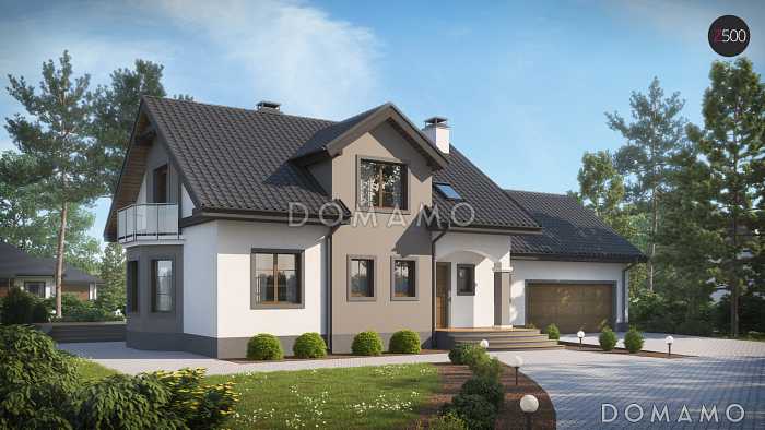 Проект одноэтажного мансардного дома из кирпича с кабинетом, эркером, балконом над ним и гаражом на два автомобиля