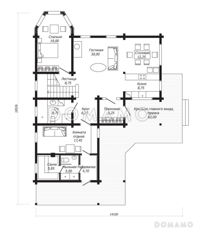 Проект дома из клееного бруса с тремя спальнями с французскими балконами, бильярдной и кладовой / План 1 этажа Проект дома из клееного бруса с тремя спальнями с французскими балконами, бильярдной и кладовой / План 1 этажа