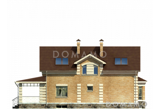 Проект гармоничного, кирпичного дома с эркером, сауной и коричневой крышей / Фасад 3