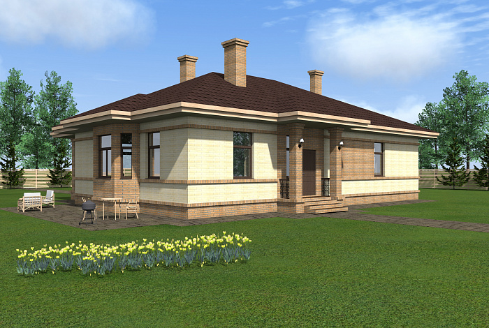 Одноэтажный дом из крупноформатного кирпича с тремя спальнями, большой кухней-гостиной и сауной