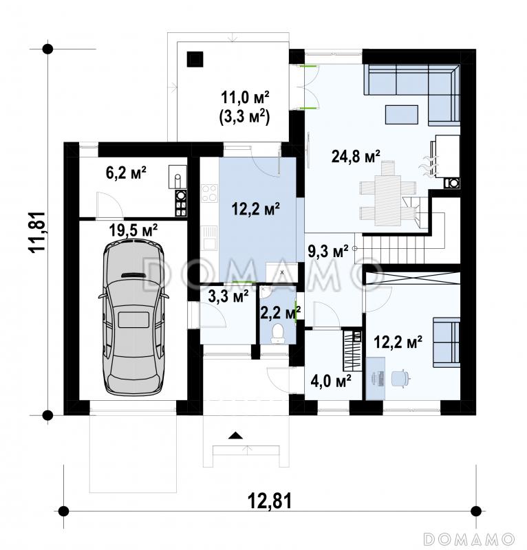 Проект двухэтажного дома с удобной планировкой, балконом на две спальни, кабинетом, гаражом, террасой / План 1 этажа