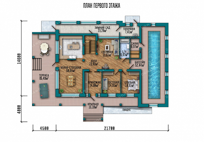 Проект дома с сауной, бассейном и зимним садом / План 1 этажа